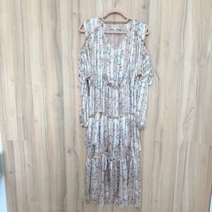 Chelsea & Violet Womens Tiered Floral Midi Dress Sz M Pink Metallic Cottage Boho